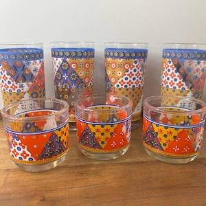 Vintage Pasinski Patchwork Design Glasses | Vintage Patchwork Mod Glassware Set of 7| Rare Mid Century Mt. Washington Glass Co Glasses