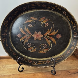 Vintage Black Metal Tole Tray | Hand-Painted Floral Motif with Handles | Decorative Folk Art Tray