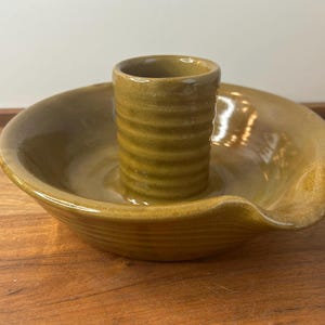 Vintage Ceramic Beer Can Chicken Roaster | Mid-Century Mustard Yellow Ribbed Stoneware