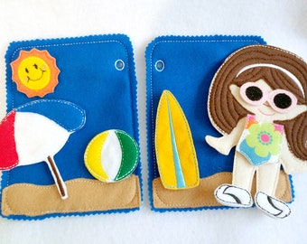 Children's felt quiet book for toddler, 2 Beach pages with doll and 9 pieces  #QB153