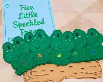 Busy book, 5 little speckled frog finger puppets, quiet book page, children's nursery rhyme song  QB156