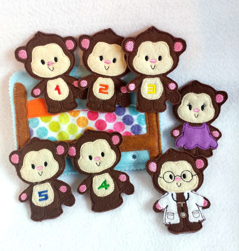 Five counting monkeys finger puppet toddler quiet book page felt busy book QB148 image 1
