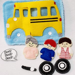 Wheels on the bus quiet book page for story book time - Finger puppet educational toddler toy - Yellow school bus activity busy book = QB159