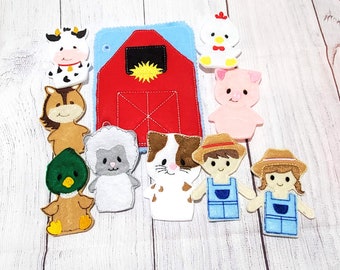 Quiet book page - Barn and finger puppets - 7 farm animal and boy and girl finger puppets - Felt game Activity play set #QB71