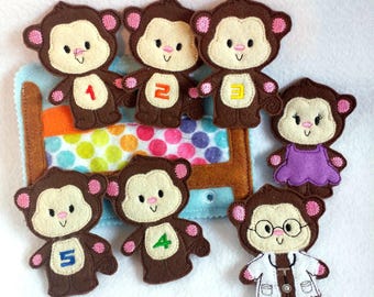 Five counting monkeys finger puppet toddler quiet book page felt busy book  QB148