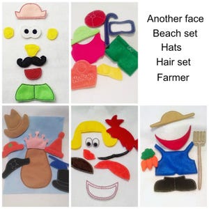 May include: Felt pieces for a felt board game. The pieces include a farmer, a beach set, hats, hair, and another face. The pieces are in various colors, including red, blue, green, yellow, and brown.