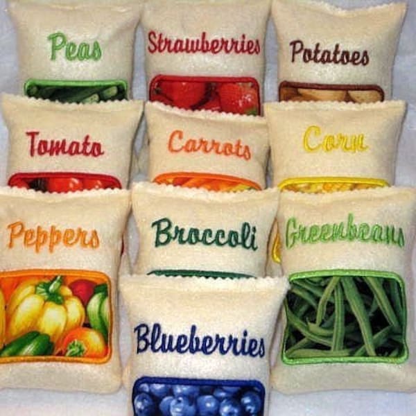 Felt play food - pretend food - play kitchen food - Play pretend felt bags of  fruits and vegetable buy 1 or complete set of 10 #PF2548