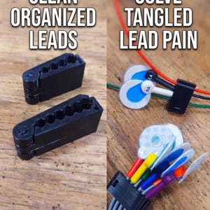 Può includere: Organizzatori di cavi in plastica nera con più fessure, insieme a una dimostrazione di cavi organizzati e aggrovigliati. L'immagine include il testo "CLEAN ORGANIZED LEADS" e "SOLVE TANGLED LEAD PAIN".