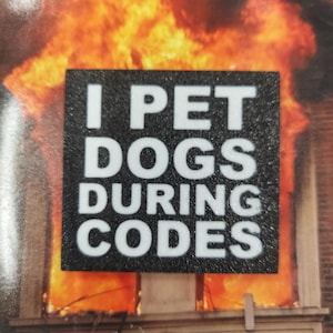 May include: A black sign with white text that reads "I PET DOGS DURING CODES" is displayed against a backdrop of flames. The sign is mounted on a building facade. The image has a humorous and ironic tone.