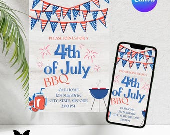 Invitación a barbacoa del 4 de julio / Plantilla editable de Canva / Invitación imprimible del Día de la Independencia / Descarga digital