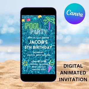 Neon Pool Party Invitation: Editable Birthday Template (Digital)