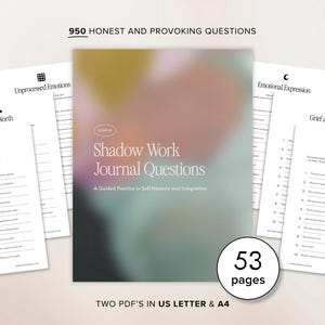 May include: A journal titled "Shadow Work Journal Questions" with 950 honest questions. The cover has a blurred pink and yellow background. The journal includes 53 pages and is available in US Letter and A4 formats. Additional pages are visible.