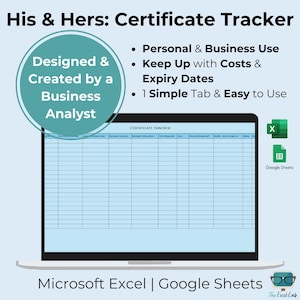 May include: A laptop screen displays a certificate tracker template. The text reads "His & Hers: Certificate Tracker", "Designed & Created by a Business Analyst", and "Microsoft Excel | Google Sheets". The template is for personal and business use.