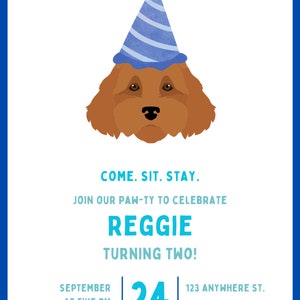 Könnte beinhalten: Eine Geburtstagseinladung für einen Hund namens Reggie, der zwei Jahre alt wird. Die Einladung zeigt ein Cartoon-Bild eines braunen Hundes, der einen blau-weißen Partyhut trägt. Der Text auf der Einladung lautet: "Come. Sit. Stay. Join our paw-ty to celebrate Reggie turning two! September 24 at five PM. 123 Anywhere St. Any City, ST 12345."