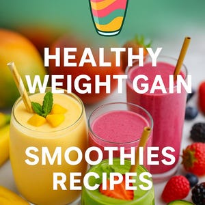Puede incluir: Imagen que presenta una variedad de batidos coloridos con pajitas, acompañados de frutas frescas. El texto dice "HEALTHY WEIGHT GAIN SMOOTHIES RECIPES" y "10 DELICIOUS & EASY-TO-MAKE SMOOTHIES". El logo dice "JOJ Smoothies".