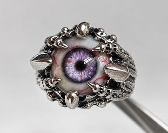 Gothic Eyeball Ring, Adjustable Silver Claw Statement Jewelry, Dark Fantasy Accessory
