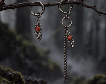 Gothic Feather Ear Cuff, Gunmetal Leaf, Orange Zircon, Asymmetrical Chain Wrap