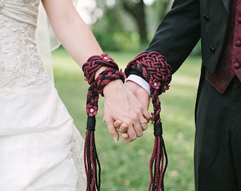 Burgundy Black Floral Handfasting Cord, Gothic Celtic Wedding Unity Rope