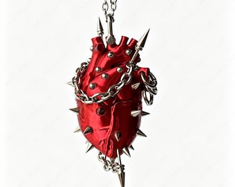Gotische tashanger met spiked hart, punk anatomische sleutelhanger met rood hart