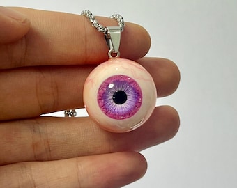 Handcrafted Pink Resin Eye Necklace Pendant, Gift for Goth & Punk, Eyeball Necklace