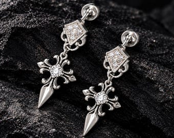 Gothic Cross Sword Earrings, Silver Dagger Drop Earrings, Zircon Crystal Punk Jewelry, Dark Academia Statement Earrings, Alternative Gift