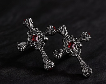 Pendientes de cruz gótica, cristal negro y rojo vintage, postes de plata 925, joyería punk oscura.