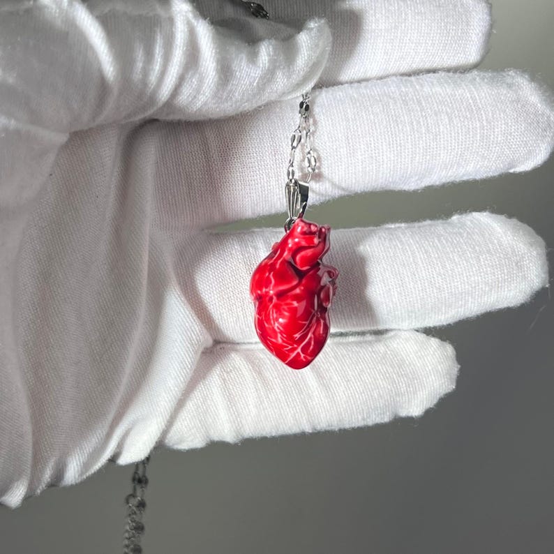 May include: A red anatomical heart pendant necklace. The heart is detailed and realistic, with visible veins and chambers. The necklace is made of silver chain.