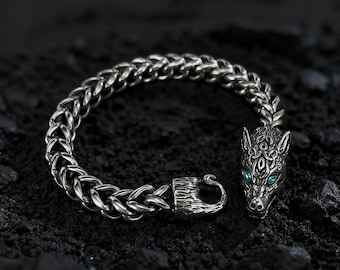 Pulsera de lobo vikingo para hombre, brazalete gótico Fenrir de acero inoxidable, cadena con cabeza de animal nórdico