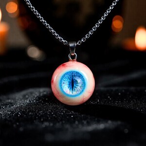 Gothic Eyeball Necklace, Handmade Blue Resin Eye Pendant, Creepy Horror Jewelry, Mysterious Punk Gift for Alt Fashion and Weird Style Lovers