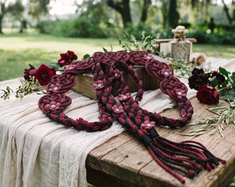 Gothic Floral Handfasting Cord, Burgundy Black Celtic Wedding Rope (Customizable)