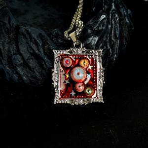 Handmade Vintage Frame Multi Eyeball Necklace, Gothic Resin Art Pendant, Personalized Eye Charm, Unique Creepy Oddity Jewelry, Baroque Style