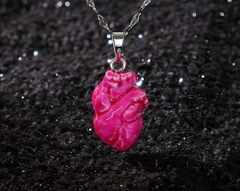 Handmade Anatomical Pink Clay Heart Necklace, Realistic Pendant