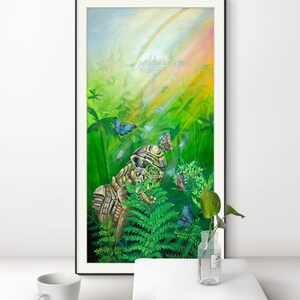 May include: A framed painting of a robot in a jungle setting with a rainbow in the background. The robot is made of metal and has a green and gold color scheme. There are butterflies flying around the robot.