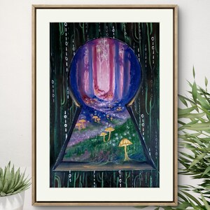 May include: A painting of a keyhole that reveals a magical forest with glowing mushrooms and trees. The keyhole is surrounded by a dark green background with binary code.