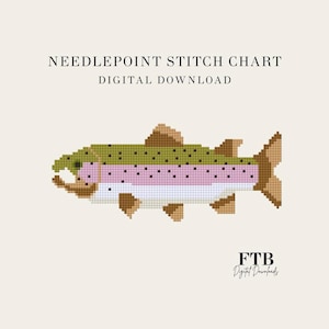 May include: A digital needlepoint stitch chart featuring a pixelated rainbow trout. The fish has a green back, a pink stripe, and a white belly. The text "NEEDLEPOINT STITCH CHART DIGITAL DOWNLOAD" is at the top.