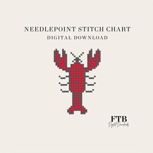 May include: A digital download needlepoint stitch chart with a red and grey pixelated lobster design. The text "NEEDLEPOINT STITCH CHART DIGITAL DOWNLOAD" is at the top. The FTB Digital Downloads logo is at the bottom right.