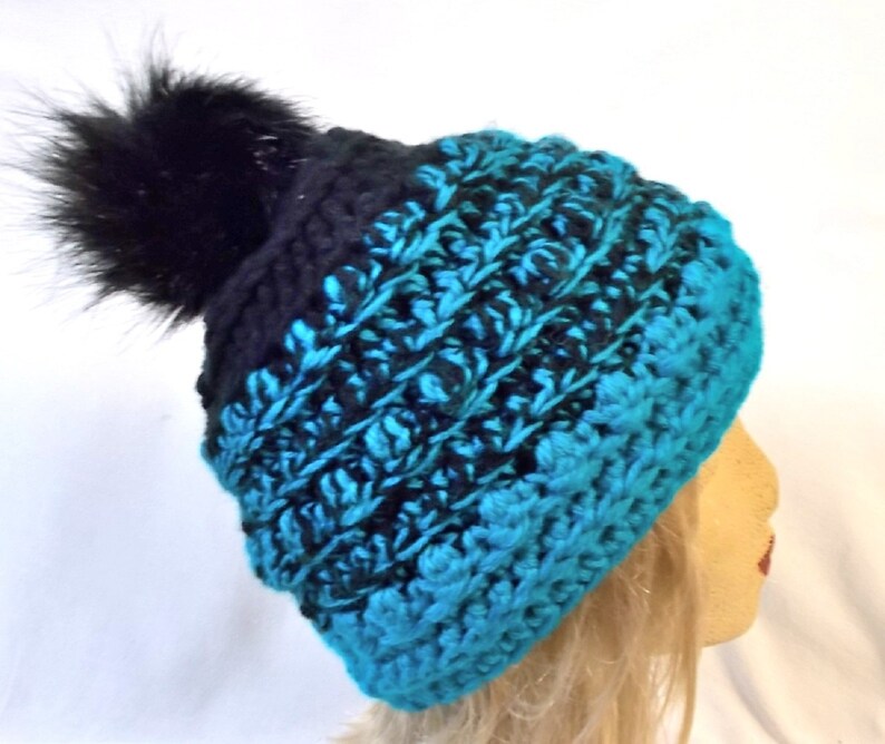 Crocheted Bumpy Beanie Winter hat with Faux fur pompom