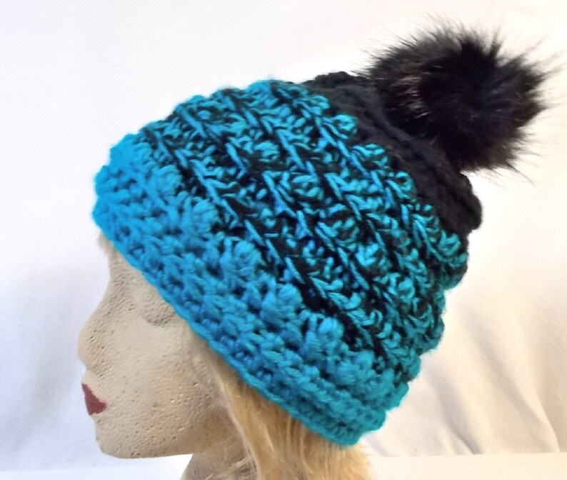 Crocheted Bumpy Beanie Winter hat with Faux fur pompom