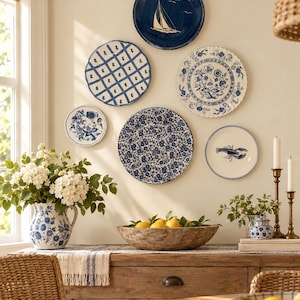 Coastal  Plate Wall Set |Blue and White | Lobster  | Sailboat Pottery | Display Plates