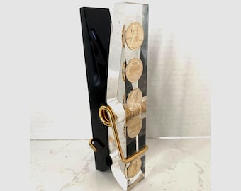 Vintage Lucite | Large Clothespin | Paperweight | 1974 | Pennies Black Clear Desk Clip | Gift for Collector | MCM Decor | Shelf styling