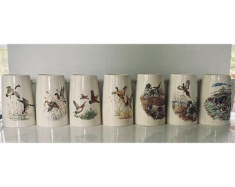 Vintage Hyalyn USA Pottery Wildlife Large Mugs | Hunting Dog | Birds
