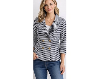 Cabi Navy White Striped Double Breasted Blazer | Gold Crest Button Jacket | Nautical Coastal Grandma