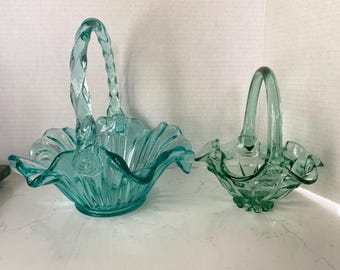 Fenton Glass Basket| set of 2 | Rare Vintage Glass Collectible | Blue Green | Giftable
