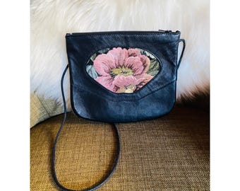Black Leather Vintage  Crossbody Bag Floral Tapestry Small Shoulder Purse