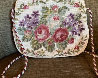 Vintage Needlepoint Floral Purse | Cream Velvet Evening Bag | Bohemian | Feminine Handbag | Special Occasion Outfit