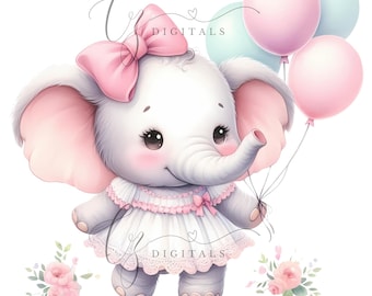 Elefante bebé en acuarela PNG: Cumpleaños de niña, Baby Shower (Descarga digital)