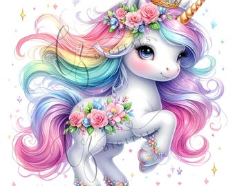 May include: A whimsical illustration of a white unicorn with a rainbow mane and tail. The unicorn is adorned with a floral crown, a golden horn, and floral accents on its body. The image has a soft, pastel color palette with sparkling accents.