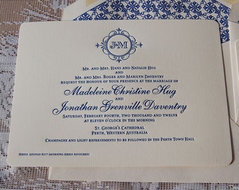 Letterpress Wedding Invitation Sample, Wedding Invitation, Classic Wedding Invitation, Monogram Invitation, Calligraphic Wedding Invitation