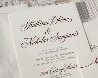 Letterpress Wedding Invitation Sample, Wedding Invitation, Classic Wedding Invitation, Invitation Suite, Modern Wedding Invitations, Plum