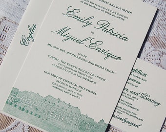Large Letterpress Wedding Invitation Sample, Wedding Invitation, Green Invitation, Invitation Suite, Illustrated Invitations, Modern Invite